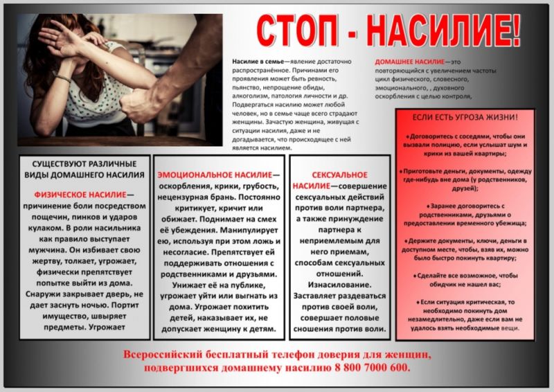 Всероссийский бесплатный телефон доверия для женщин, подвергшихся домашнему насилию 8 800 7000 600.